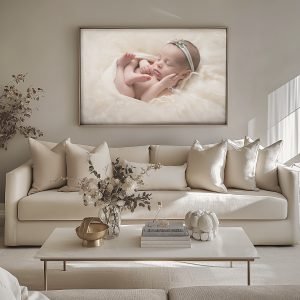 A beautifully framed gallery wall of baby photos in a cozy nursery