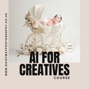 Cover image of the AI for Creatives Course showing a digital workspace with AI-generated artwork and text that reads "AI for Creatives – Learn to Create Backdrops and Images for Your Business
